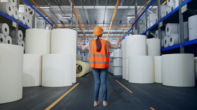Full Body Back View Of A Female Engineer With Safety Helmet Spreading Arms While Standing at Warehouse with Rows of Stacked White Polymer and Paper Rolls