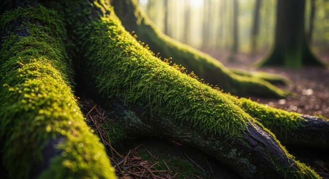 Lush green moss covers ancient tree roots in a sun-dappled forest clearing, highlighting natural textures and forest floor details.