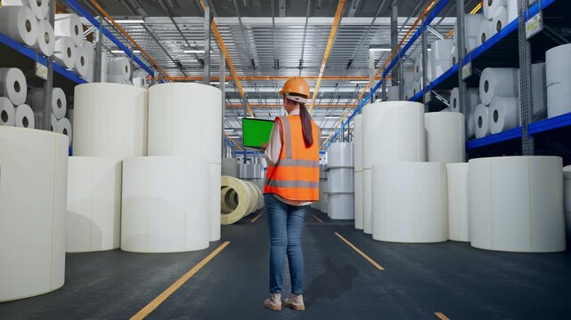 Full Body Back View Of Asian Female Engineer With Safety Helmet Working A Green Screen Laptop at Warehouse with Rows of Stacked White Polymer and Paper Rolls