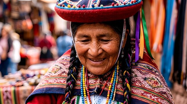 A beautiful close-up portrait of a smiling Andean woman wearing traditional Peruvian heritage clothing with colorful beads and a vibrant hat. A powerful expression of indigenous identity.