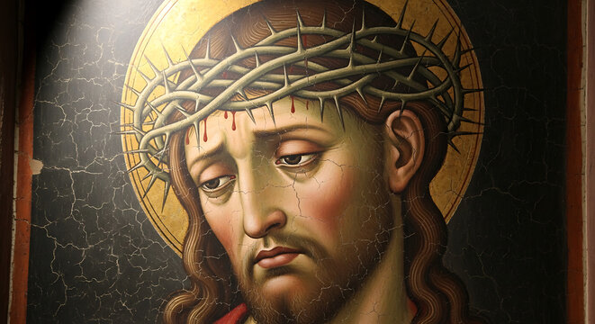 Detailed antique religious fresco painting depicting Jesus Christ suffering with a crown of thorns, symbolic Christian art for Easter, Good Friday devotion, and ancient mural spiritual heritage.