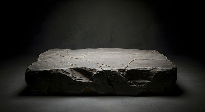 Rough stone display platform in a dark, atmospheric studio setting with dramatic spotlight for product showcase
