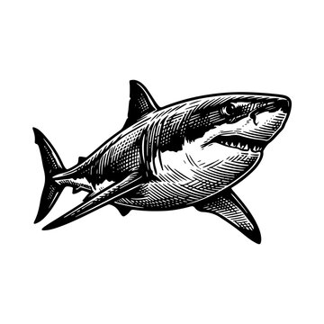 Detailed woodcut-style vector illustration of a shark swimming on a white background, showcasing sharp teeth and fins in a classic black and white design.