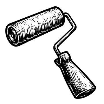 Woodcut style vector illustration of a paint roller with a wooden handle and metal frame, isolated on white background for design and decoration purposes.