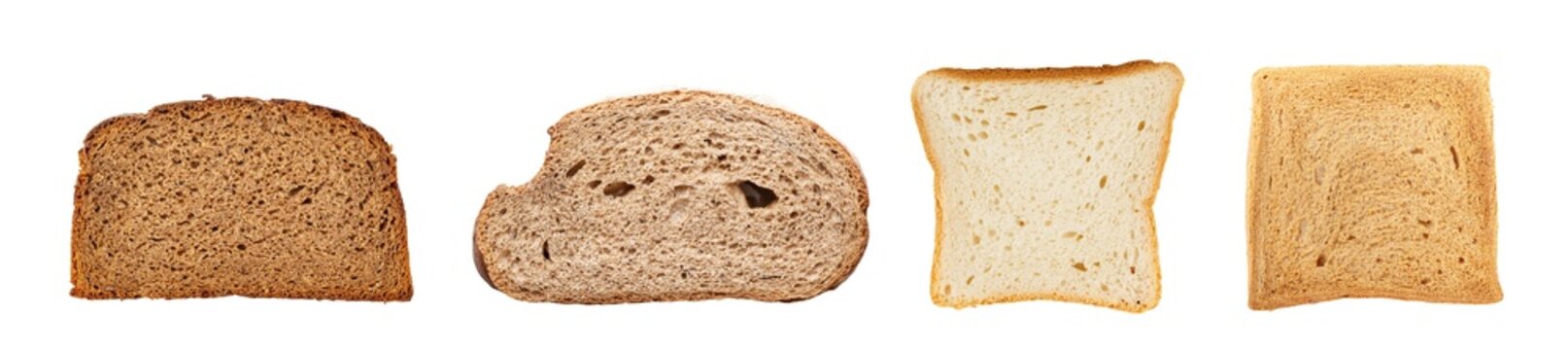Set of four different bread slices isolated on white background