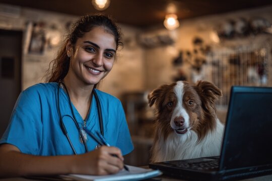 Smiling female veterinarian in blue scrubs with stethoscope works at desk beside a happy dog, digital record