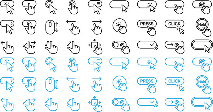 Click cursor set button with hand pointer clicking. Click here web button sign. Isolated website buy or register bar icon with hand finger arrow clicking cursor &ndash; stock vector