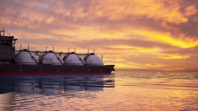Large Lng Gas Carrier Ship Transporting Energy Resources Across The Ocean At Sunset
