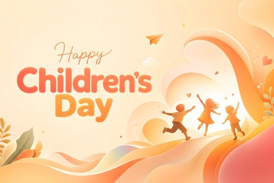 Happy Children's Day Illustration with Kids Running and Playing on Abstract Wavy Hills