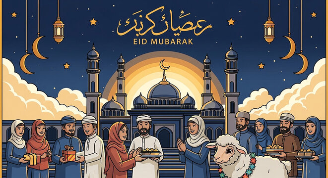 Symmetrical vector illustration of an Eid al-Adha community gathering in front of a blue mosque at night. A large group of diverse Muslim people are smiling, giving gifts and sharing food (dates, cook