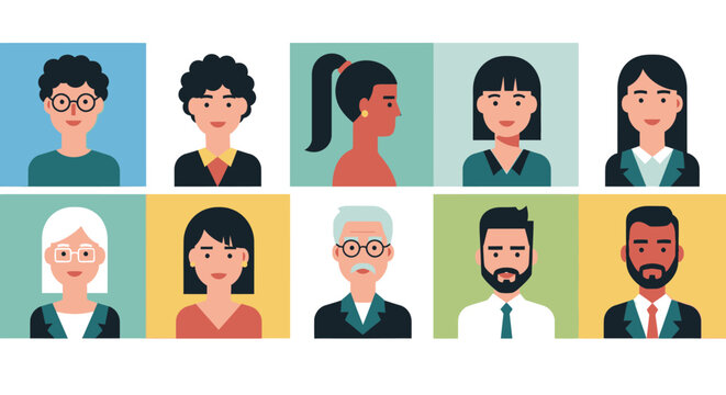 Collection of Diverse Human Faces Avatars Featuring People of Various Ages and Ethnicities, Representing Inclusivity on a Bright Studio Pastel Background