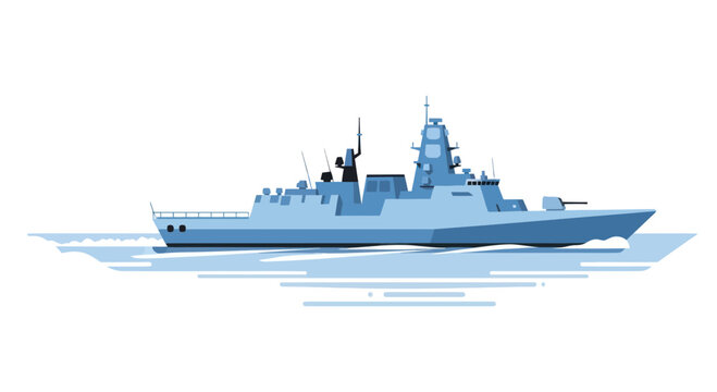 Modern Warship Illustration, Naval Vessel Sailing on Water, Military Ship Design
