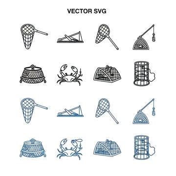 Fishing Gear Icons: Nets, Traps, Crab, Bait Cages - Vector Set