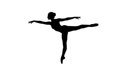 Graceful silhouette of a ballerina in a ballet pose with extended arms and leg, on an isolated white background. © UDIN