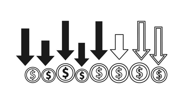 Black arrows pointing downwards over dollar coins, symbolizing financial decline, decreasing value, or economic recession on an isolated white background.