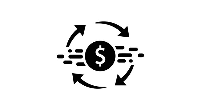 Dynamic dollar sign with horizontal speed lines and circular arrows, representing fast money transfer or quick financial transactions on an isolated white background.