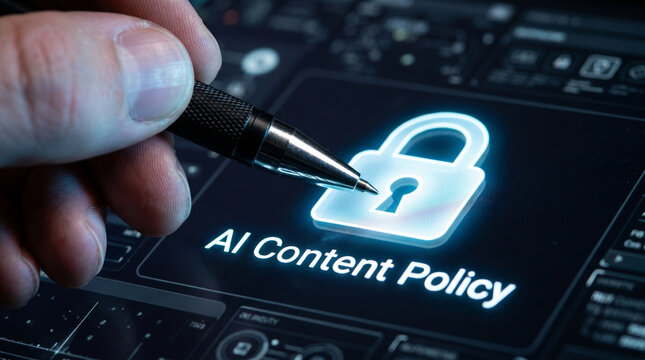 Ai content policy lock compliance hand pen on digital screen