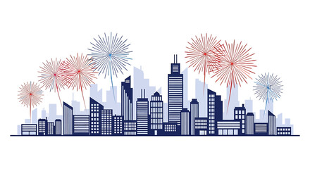 Stylized Silhouette Cityscape Panorama with Red and Blue Fireworks Celebration Display © RysqoAlfajrii