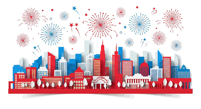 Festive Red White Blue Cityscape Skyline Silhouette with Exploding Fireworks Display