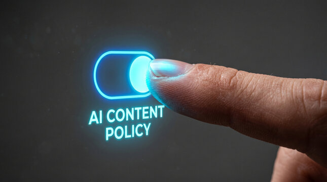 AI content policy toggle with finger on glowing interface, digital control concept, compliance, moderation, policy