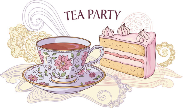 Elegant Tea Party Vector Illustration with Decorative Floral Tea Cup and Pink Cake Slice for Cafes, Invitations, Menus, Packaging, and Digital Designs