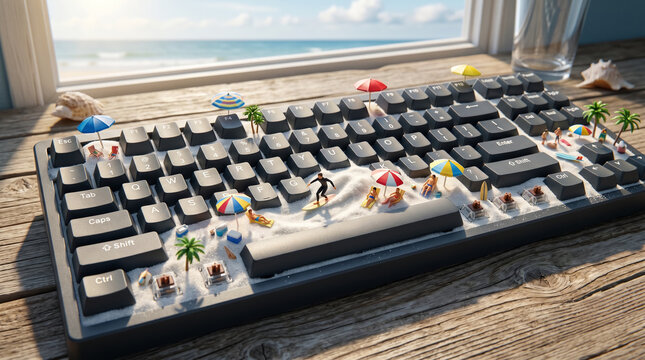 Miniature beach with sand and surfer on computer keyboard, AI generated