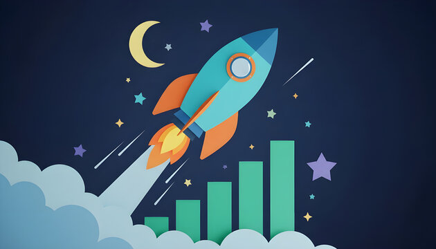 A paper-cut style illustration featuring a blue rocket launching over a green rising bar graph into a starry night sky with a crescent moon.