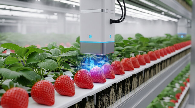Smart agritech robotic sensor scanning hydroponic strawberries, AI generated