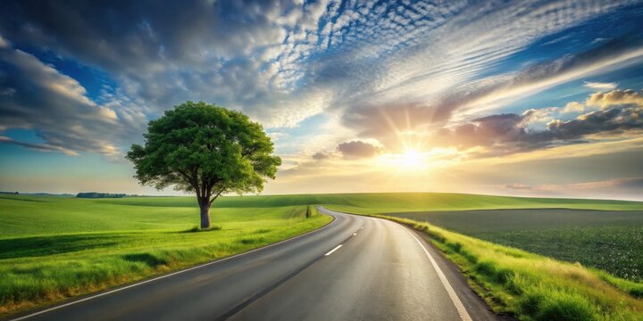 Asphalt road curves gently through vibrant green fields towards a radiant sunset, a solitary tree standing sentinel under a dramatic sky