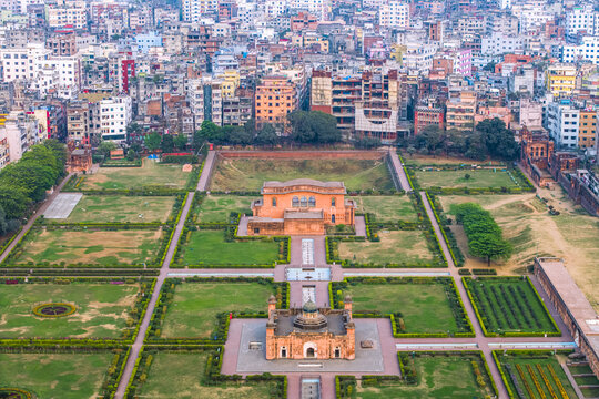 Dhaka, Bangladesh - 08 March 2026: Aerial view of Lalbagh Fort featuring the Mausoleum of Bibi Pari and symmetrical gardens surrounded by the dense urban cityscape.
