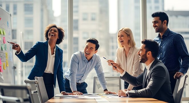 Collaboration and Strategy in the Workplace: A dynamic and diverse team of professionals engages in a collaborative brainstorming session.