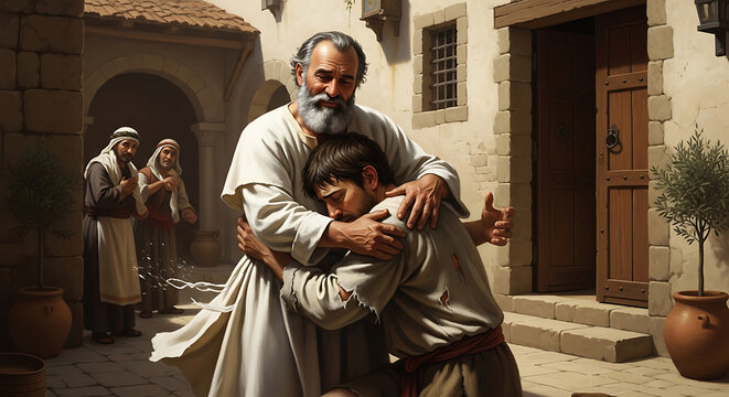 Emotional Biblical parable of the prodigal son featuring an elderly father embracing his caucasian young man with compassion, unconditional love, and heartfelt forgiveness after repenting.