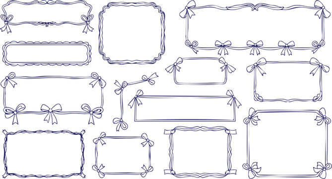 Hand drawn square frame doodles, abstract cartoon borders with wavy edges and minimal decorative style