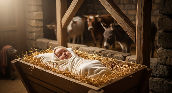 Baby Jesus sleeping peacefully in a rustic wooden manger filled with straw inside a holy stable with blurred farm animals in the background, a serene Christmas nativity scene celebration.