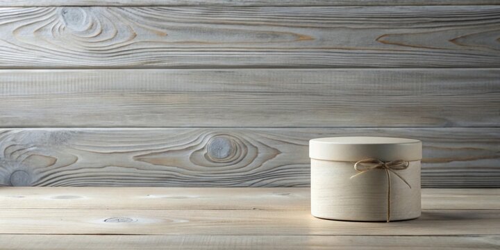 A simple cylindrical container tied with twine sits on a rustic wooden surface against a wood background