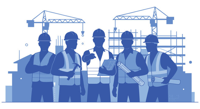 Professional construction crew reviewing architectural blueprints at outdoor site. Diverse engineering team collaborating on urban infrastructure project with building equipment around.