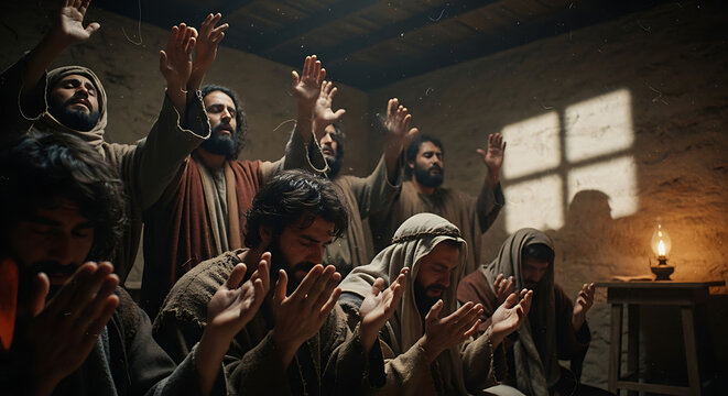 Devout apostles engage in a sacred ritual of prayer with elevated hands in an ancient biblical environment, representing the spiritual devotion and worship of the early Christian movement.