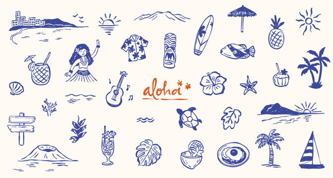 Hawaii summer beach icons doodle hand drawn element collection set