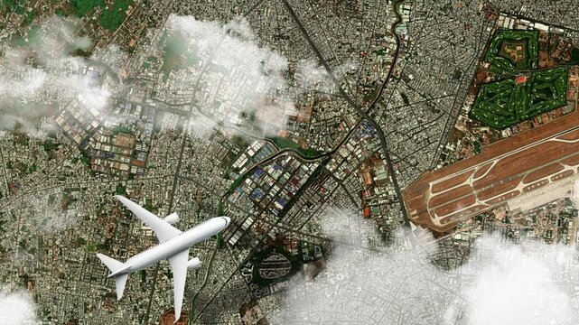 Airplane Flying over Notre-Dame Cathedral Basilica of Saigon, Ho Chi Minh City, Vietnam and Clouds. Aerial Airplane Scenes. Jet Flying Over Historic Cathedral and City Skyline. Aerial City 4K