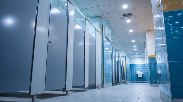 Modern public restroom with a clean blue tiled floor and rows of gray stall doors under bright fluorescent lighting in an architectural interior view. Public restroom interior,