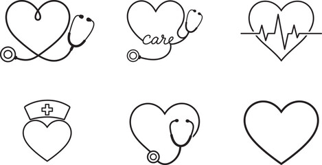 Heart healthcare icon collection with stethoscope ECG and nurse symbols