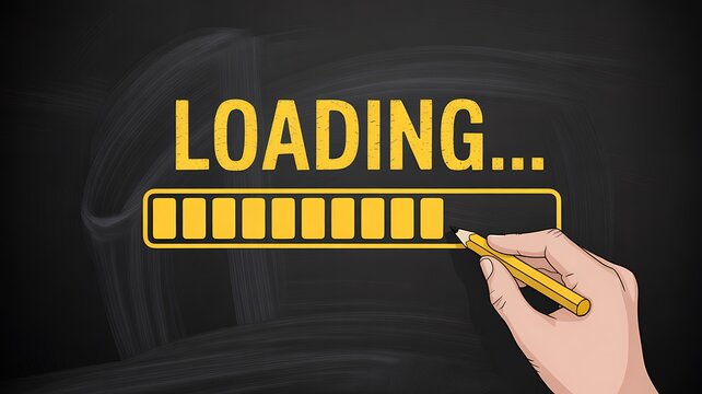 Loading animation, progress bar, hand drawing, yellow text, digital illustration