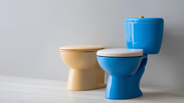 Blue two-piece toilet with a beige seat on a clean background for a colorful bathroom fixture design concept. Blue two-piece toilet, beige seat, bathroom fixture, colorful design