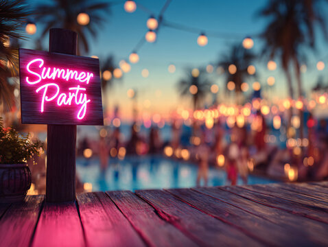summer party neon sign at dusk with palm trees and pool high quality professional detailed modern