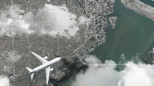 Airplane Flying over South Beach, Miami, USA and Clouds. Aerial Airplane Scenes. Jet Flying Over Coastal Beachfront and City Skyline. Aerial City Animation &ndash; Vox Style Map Animation in 4K
