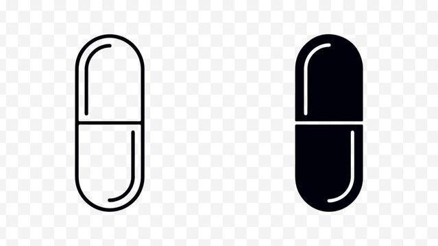 Pill icons, capsule shapes, black and white, medical symbols, health graphics isolated on Transparent Background