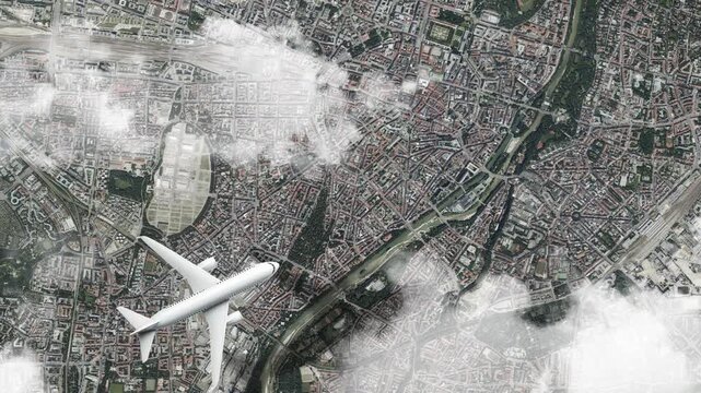 Airplane Flying over Marienplatz, Munich, Germany and Clouds. Aerial Airplane Scenes. Jet Flying Over Historic Square and City Skyline. Aerial City Animation &ndash; Vox Style Map Animation in 4K
