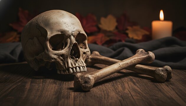 Human skull and crossbones resting on a rustic wooden table with withered autumn leaves and a flickering lit candle for a spooky halloween holiday mystery and mortality concept
