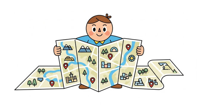 Cartoon child holding and looking at a large unfolded map.