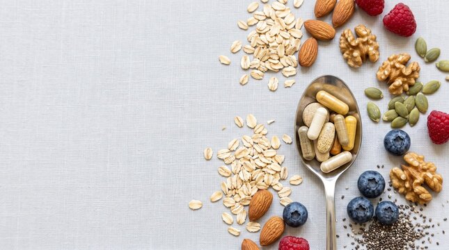 Overhead view of a spoonful of assorted nutritional supplements surrounded by healthy whole foods like nuts, seeds, and berries.